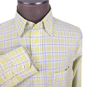 BRIONI Italy XXL Mens Cotton Dress Shirt Yellow Blue Grid Check Luxury 17.5 Neck